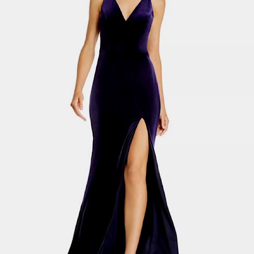 Aqua Velvet Sleeveless Gown With Side Split